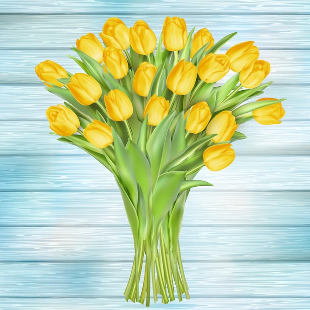 Plik wektorowy Żółci tulipany kwitną na drewnianych deskach.