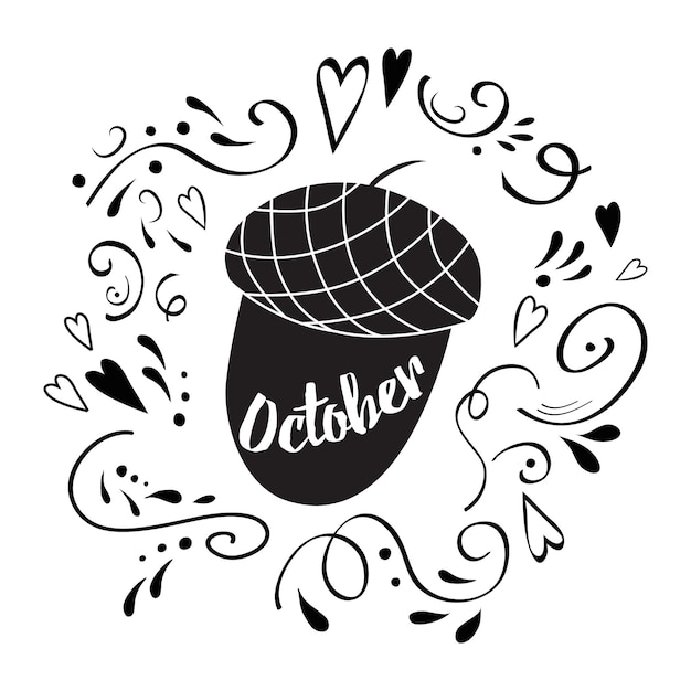 Żołędzie Ikona Stylu Czarno Na Białym Tle Zdobione Streszczenie Ornament Kanadyjski Dzień Dziękczynienia Symbol Wektor Ilustracja Czarny Nadruk Z Tekstem Października Jesień Ręcznie Rysowane Etykiety
