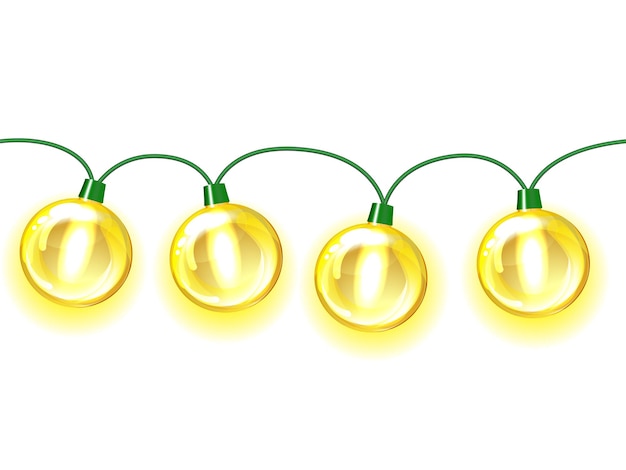 Żółta Girlanda, świąteczne Dekoracje. świecące Lampki Choinkowe Na Białym Tle. Bezszwowe Poziome Obiekty Wektorowe.