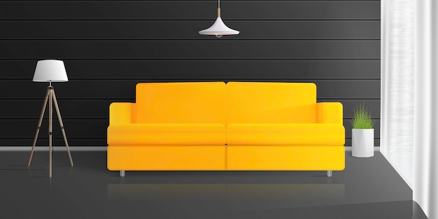 Żółta sofa w ciemnym pokoju. Roślina doniczkowa, lampa podłogowa, biała zasłona. Realistyczny wektor stylowy pokój na poddaszu.