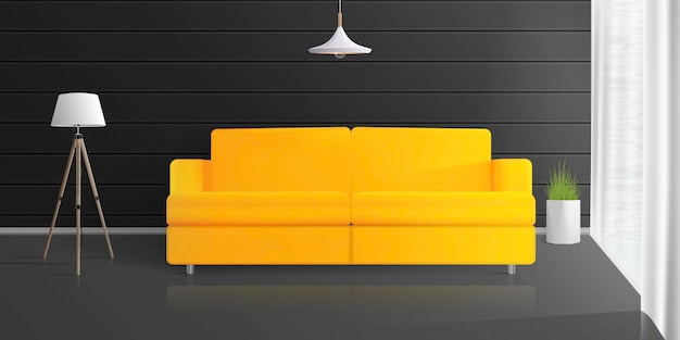 Plik wektorowy Żółta sofa w ciemnym pokoju. roślina doniczkowa, lampa podłogowa, biała zasłona. realistyczny wektor stylowy pokój na poddaszu.