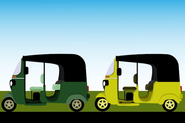Plik wektorowy Żółte i zielone kolory taksówka tuk tuk na sri lance używają indyjskiego trójkołowca bajaj widok z boku