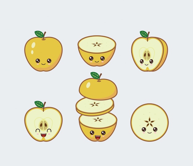 Żółte Jabłko Zestaw Rysowane Słodkie Twarze żywności Kawaii