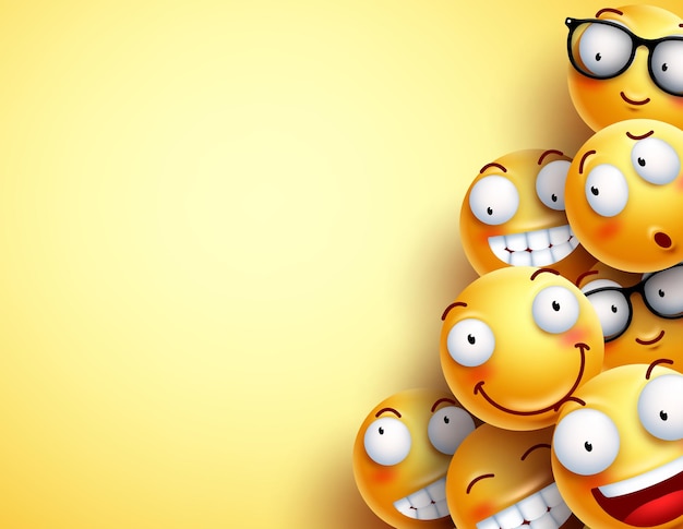 Plik wektorowy Żółte tło wektor emoji emotikony z zabawnymi i szczęśliwymi wyrazami twarzy