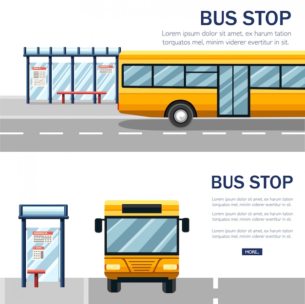 Żółty Autobus Miejski. Ilustracja Transportu Publicznego. Przystanek Autobusowy I Droga. Płaska Konstrukcja Stylu Na Białym Tle. Opcja Widoku Z Przodu. Projekt Koncepcyjny Transportu Publicznego Dla Strony Internetowej Lub Reklamy.