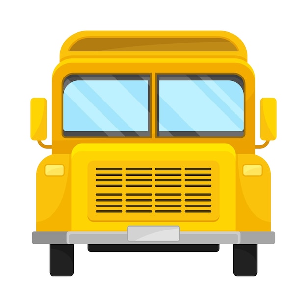 Plik wektorowy Żółty autobus z przednią projekcją z dwoma lusterkami okiennymi i czarną ilustracją kreskówki na białym tle