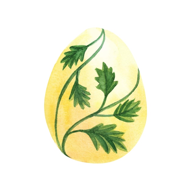 Żółty Easter egg akwarela ilustracja kreatywnych ręcznie rysowane kurczaka z liśćmi