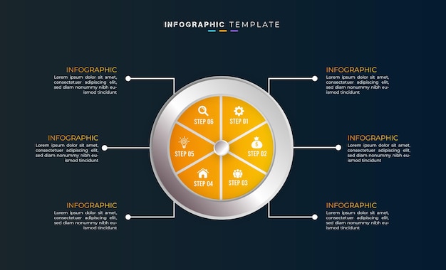 Żółty Gradient 6 Kroków Biznesowy Element Infografiki I Projekt Prezentacji Na Ciemnym Tle