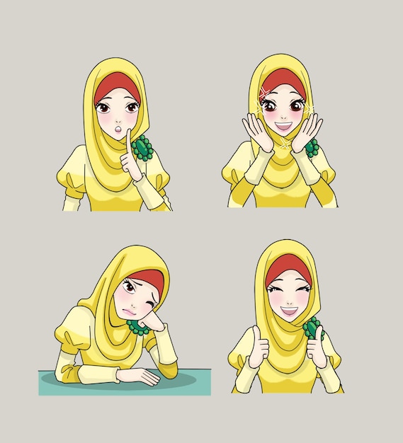 Plik wektorowy Żółty kolor hidżabu dziewczyna z różnym wyrazem ustaw ilustrację kreskówki