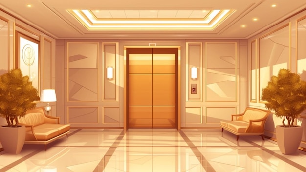 Plik wektorowy Żółty korytarz ze złotymi drzwiami i złotymi drzwiami