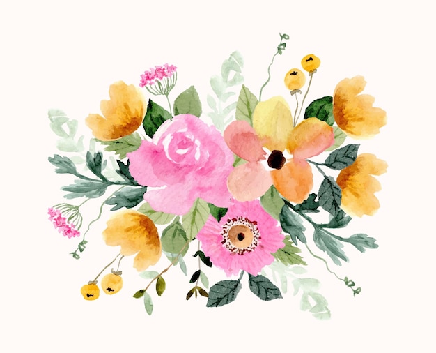 żółty różowy kwiatowy bukiet akwarela