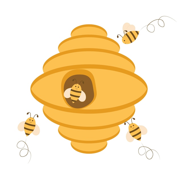 Plik wektorowy Żółty ula pszczół z pszczół na białym tle ilustracji wektorowych