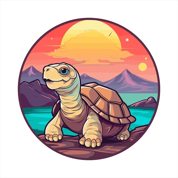 Żółw Kolorowa Kreskówka Kawaii Postać Plaża Zachód Słońca Zwierzę Nalepka Dla Zwierząt Domowych Ilustracja Izolowana