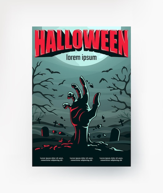 Zombie Ręka Na Tle Cmentarza Plakat Na Halloween. Wektor.