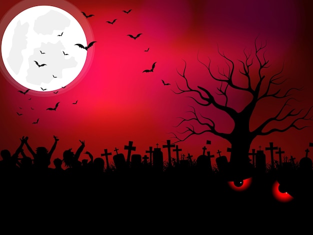 Plik wektorowy zombie wyrasta z cmentarza cmentarnego. oczy kota świecące w ciemności. tło halloween.