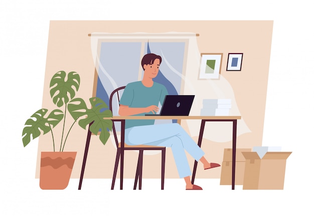 Plik wektorowy zostań w domu. młody człowiek pracuje na laptopie w domu. niezależny, praca w domu, praca zdalna i biuro domowe. ilustracja wektorowa w stylu płaski