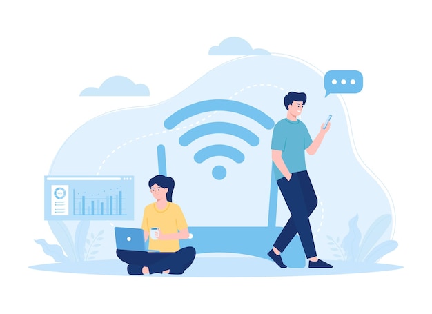 Zrelaksuj się przez telefon z płaską ilustracją koncepcji internetu