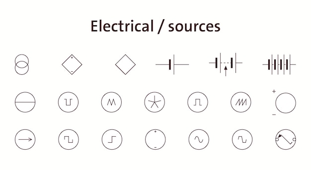 Plik wektorowy Źródła elektryczne symbole obwodów elektronicznych ilustracja podstawowych symboli obwodów