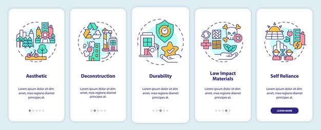 Zrównoważony projekt miasta Wdrażanie ekranu aplikacji mobilnej Plan urbanistyczny 5 kroków z instrukcjami graficznymi Strony z liniowymi koncepcjami Szablon UI UX GUI Myriad ProBold Użyte standardowe czcionki