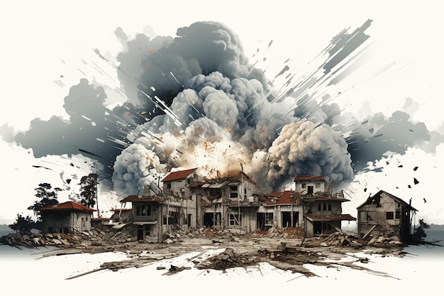 Plik wektorowy zrujnowane miasto z dymem zrujnowany budynek w płomieniach izolowany na białej ilustracji 3d