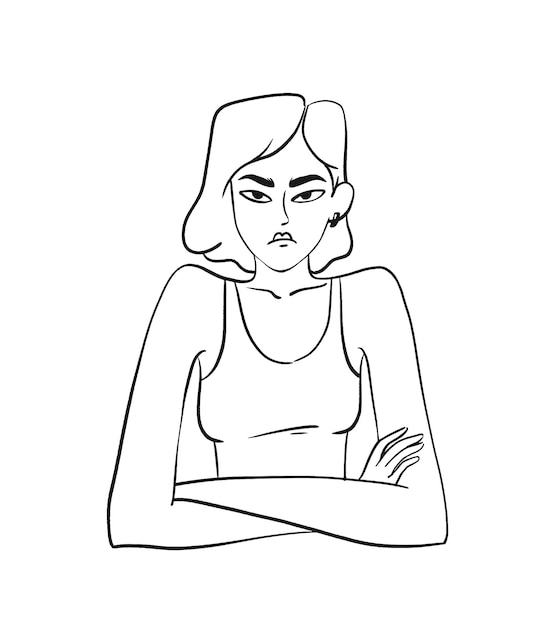 Plik wektorowy zrzędliwa doodle dziewczyna młoda kobieta wygląda na niezadowoloną ze skrzyżowanymi rękami krnąbrna osoba