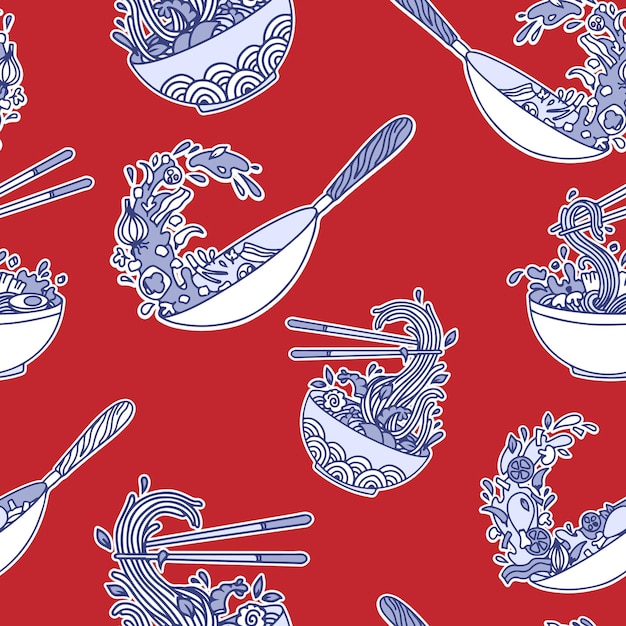 Plik wektorowy zupa z makaronem ramen deseń bez szwu noodles ilustracji wektorowych tradycyjne azjatyckie jedzenie japońskie w słońcu czerwonym kółku z ilustracji wektorowych tekstury