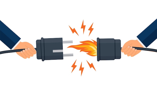 Zwarcie Elektryczne Wadliwy Uszkodzony Kabel Pożar Z Przeciążenia Koncepcja Bezpieczeństwa Elektrycznego Ilustracja Wektorowa Płaska Konstrukcja Zwarcie W Obwodzie Elektrycznym Przerwane Połączenie Elektryczne