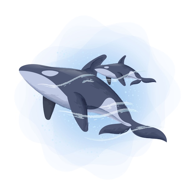 Zwierzęcy Wieloryb Orka I Matka Akwarela Ilustracja