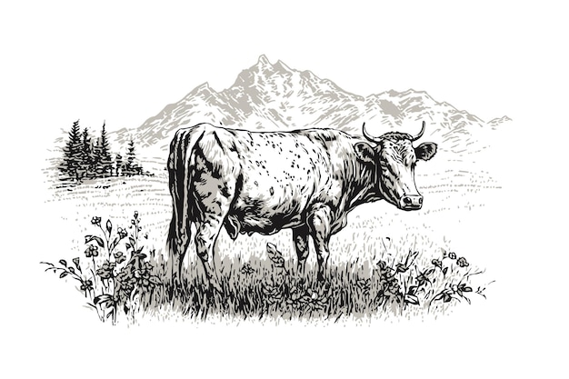 Zwierzęta krowy i zwierzęta gospodarskie Kolor czarny w ilustracji wektorowych stylu szkicu