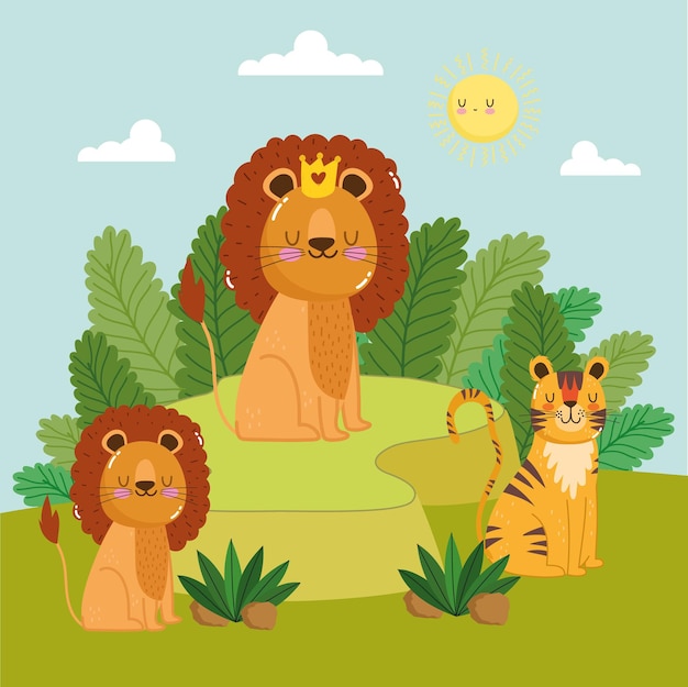 Zwierzęta lwy rodziny kreskówka natura