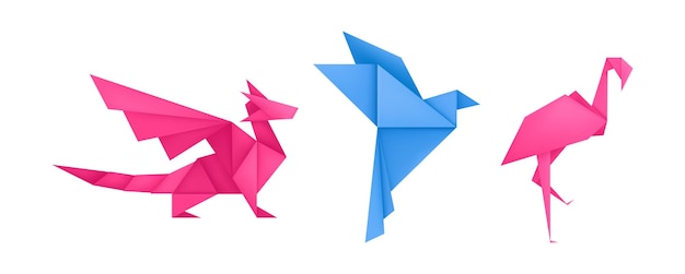Plik wektorowy zwierzęta origami różne papierowe zabawki zestaw smok ptak flaming kreskówka geometryczne gry zabawki origami dzikość symbol wektor