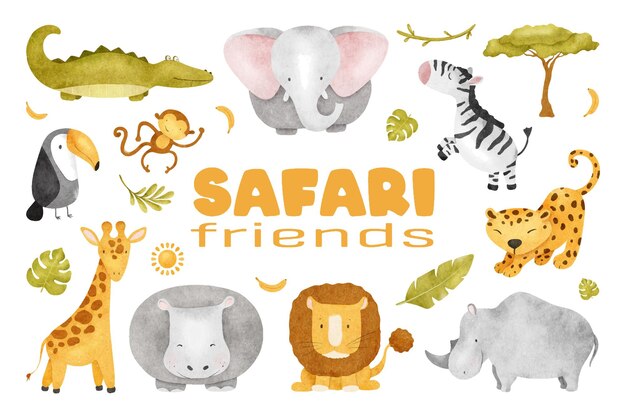 Zwierzęta safari takie jak hipopotam, lew, małpa, zebra, żyrafa, krokodyl, słoń, leopard, nosorożec, tukan, zbiór postaci i roślin z dżungli dla dzieci, izolowane ręcznie narysowane ilustracje akwarelowe