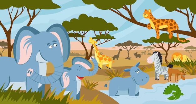 Zwierzęta sawanny Afrykańskie zwierzęta letnie krajobraz ziemi sawanny Zabawna tropikalna panorama parku safari w zoo z przyzwoitymi płaskimi dzikimi postaciami wektorowymi