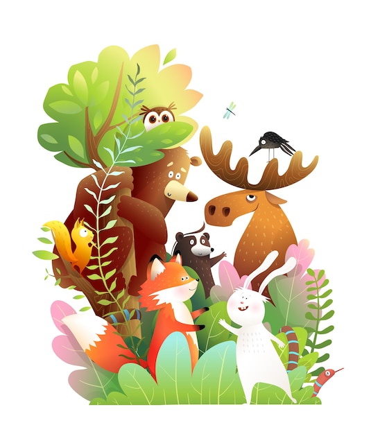 Plik wektorowy zwierzęta z lasu razem na wielkim drzewie niedźwiedź łoś królik skunk wąż i sowa śliczni przyjaciele