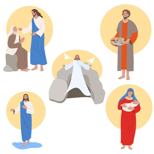 Plik wektorowy Życie jezusa chrystusa w płaskim zestawie izolowanym na białym tle ilustracja wektorowa