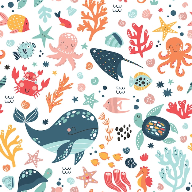 Życie morskie ładny wektor wzór Ilustracja wektorowa dla dzieci projektuje tapety do pakowania tekstyliów
