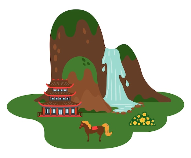 Plik wektorowy Życie wyspy jeju góry lub skały z wodospadem świątynia yakchunsa zielony krzak konia z żółtymi kwiatami miejsca do odwiedzenia na wyspie jeju dla turystów w korei południowej odosobniona wyspa