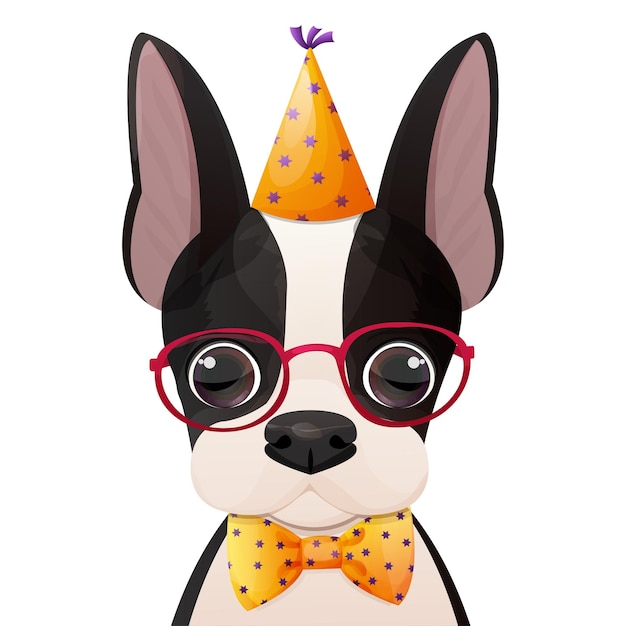 Życzenia urodzinowe Boston terrier portret w kapeluszu, okulary z kokardą krawata w stylu kreskówka na białym tle