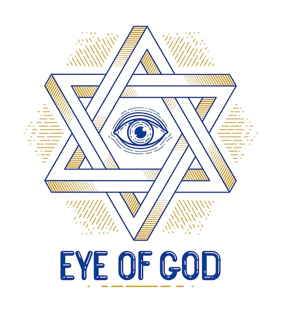 Plik wektorowy Żydowska sześciokątna gwiazda z całym widzącym okiem boga święta geometria religijny symbol stworzony z dwuwymiarowych trójkątów niemożliwe kształty wektorowe logo lub emblemat element projektowania