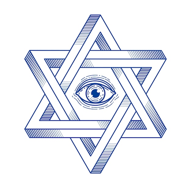 Plik wektorowy Żydowska sześciokątna gwiazda ze wszystkimi widzącymi okiem boga świętej geometrii symbolem religii stworzonym z dwuwymiarowych trójkątów niemożliwych kształtów, logo wektorowego lub elementu projektu godła.
