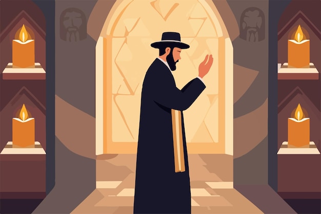 Plik wektorowy Żydowski hasydowski rabbi w synagodze czyta torę ilustracja wektorowa żydowskie święta koncepcja