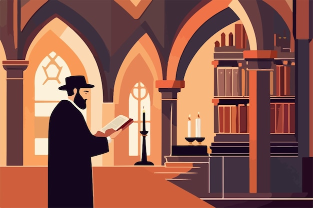 Plik wektorowy Żydowski hasydowski rabbi w synagodze czyta torę ilustracja wektorowa żydowskie święta koncepcja