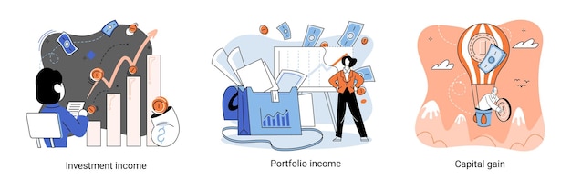Plik wektorowy zyski kapitałowe dochody z portfela dochody z inwestycji inwestycje i obligacje przepływ środków pieniężnych gniazdo pieniężne fundusze wspólnego inwestowania abstrakcyjna metafora finansiści inwestujący pieniądze analizują zyski z giełdy w dolarach