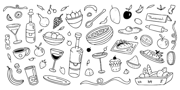 Żywność i napoje rysunki i rysunki ręczne kawiarnia i restauracja napoje alkoholowe napoje owoce i warzywa Elementy projektowania wektorowego zestaw ilustracja i sztuka czarnej linii