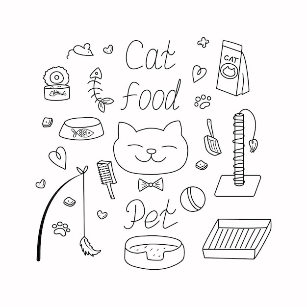Żywność i towary dla zwierząt domowych Doodle styl Towary do pielęgnacji i karmienia kotów Zabawki dla zwierząt Stockowa ilustracja wektorowa