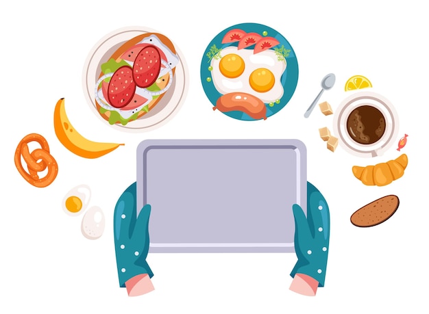 Plik wektorowy Żywność w tacce szefa kuchni koncepcja ręki płaska ilustracja projektowania graficznego