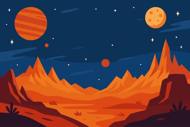 Żywotna ilustracja futurystycznego krajobrazu z planetami i górami