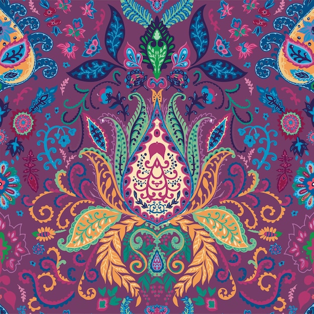 Plik wektorowy Żywy kwiat lotosu psychodeliczna dekoracja kwiatowa lub wydruk abstrakcyjne tło z roślinami i liśćmi płatkami i florą święta geometria i trippy grafika wektor wzór w płaski