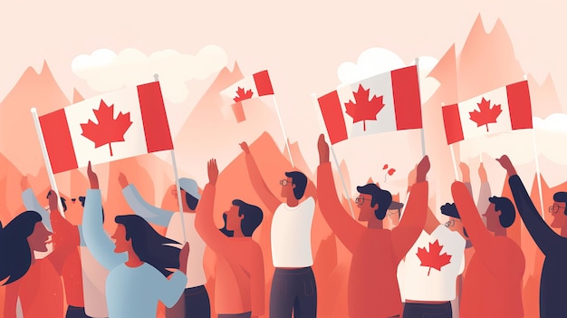 1 lipca Szczęśliwy dzień Kanady ilustracja ludzi z flagą Kanady Generative ai