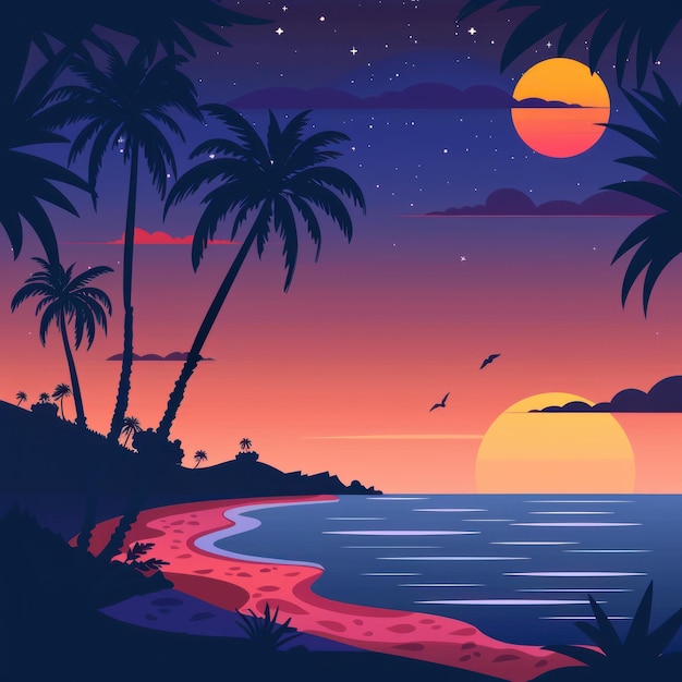 1 Tropikalne palmy plażowe i ilustracja konstrukcji płaskiej przy zachodzie słońca